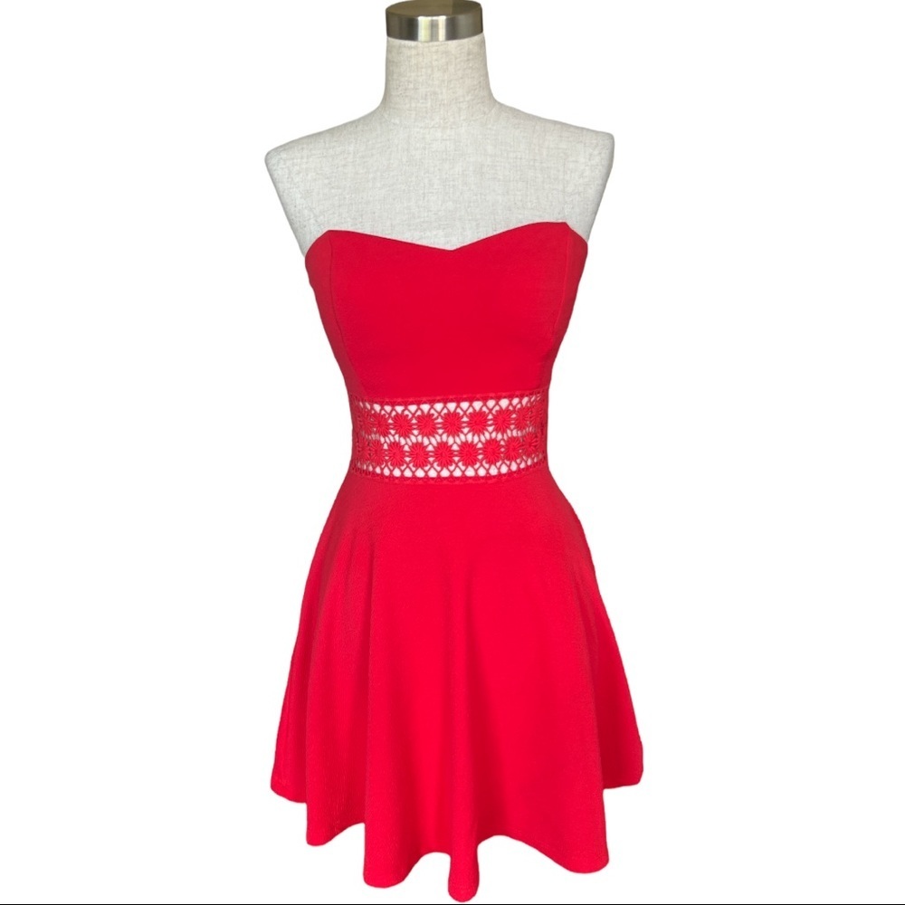 ❤ Valentines Y2k Coquette Lovely Day Red Strapless Floral Embroidered Dress